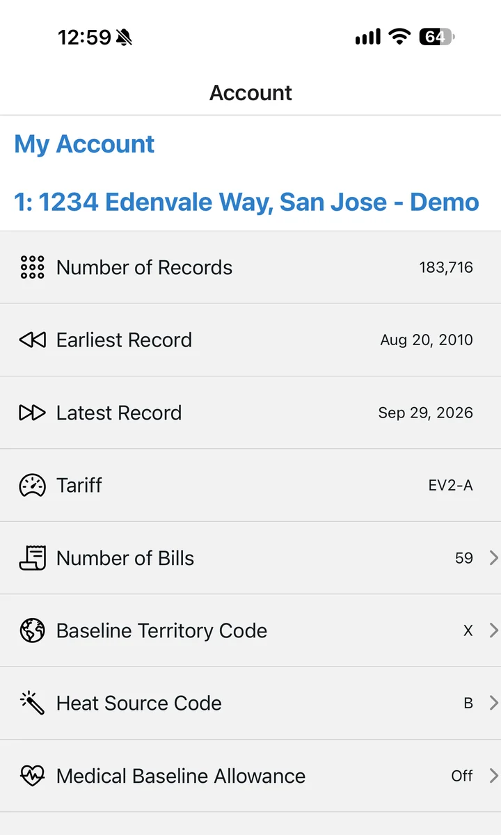 The app's account view showing the PG&E records shared with it through Share My Data.