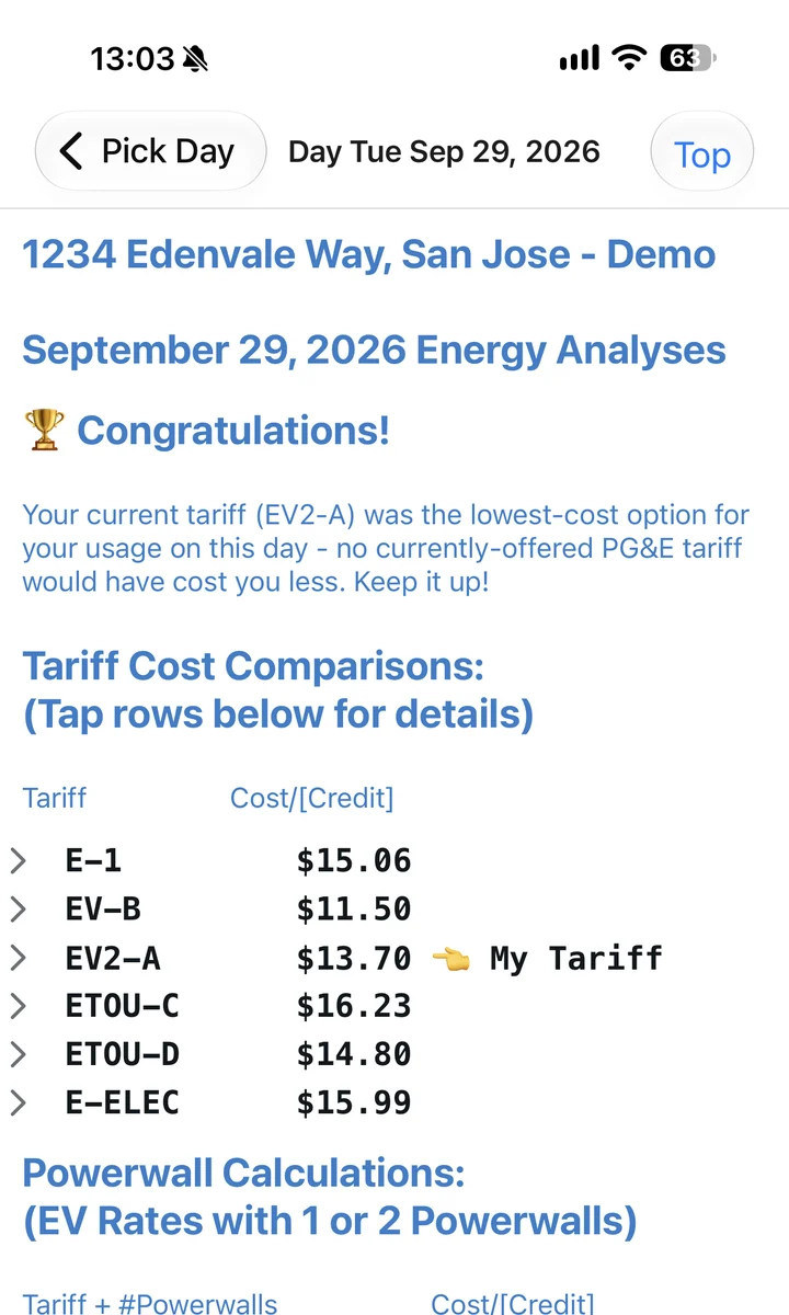 A day's energy analysis confirming the current plan was the lowest cost, above a table of every current PG&E plan with its cost.