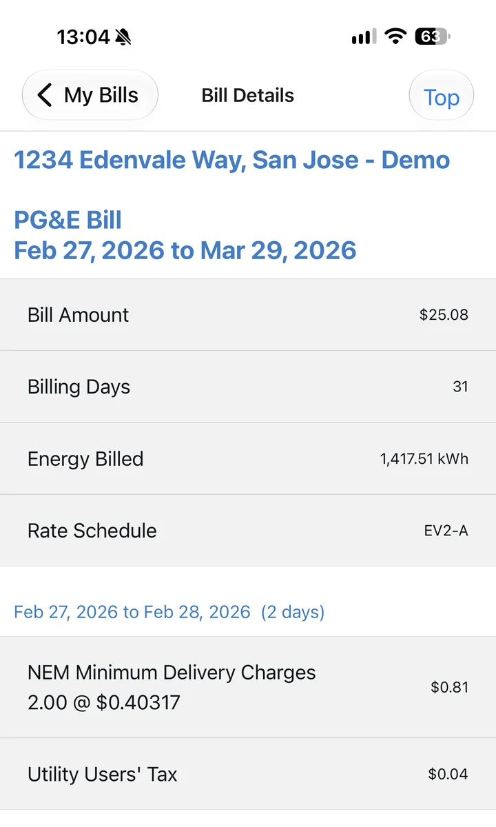 One PG&E bill in the app: bill amount, billing days, energy billed, rate schedule and individual charges.