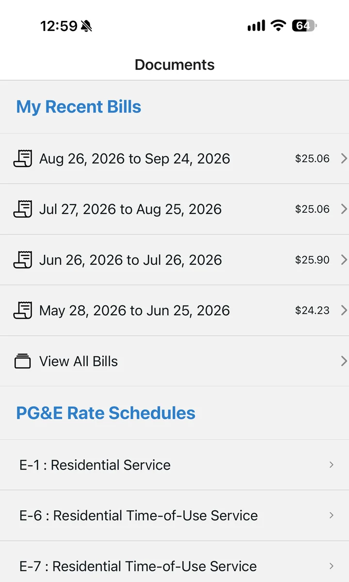 The app's list of recent PG&E bills with their dates and amounts.
