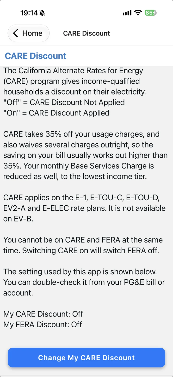 The app's CARE Discount screen: what CARE does, the plans it applies to (E-1, E-TOU-C, E-TOU-D, EV2-A and E-ELEC, not EV-B), a note that CARE and FERA can't both be on, the current setting (Off) and a Change My CARE Discount button.
