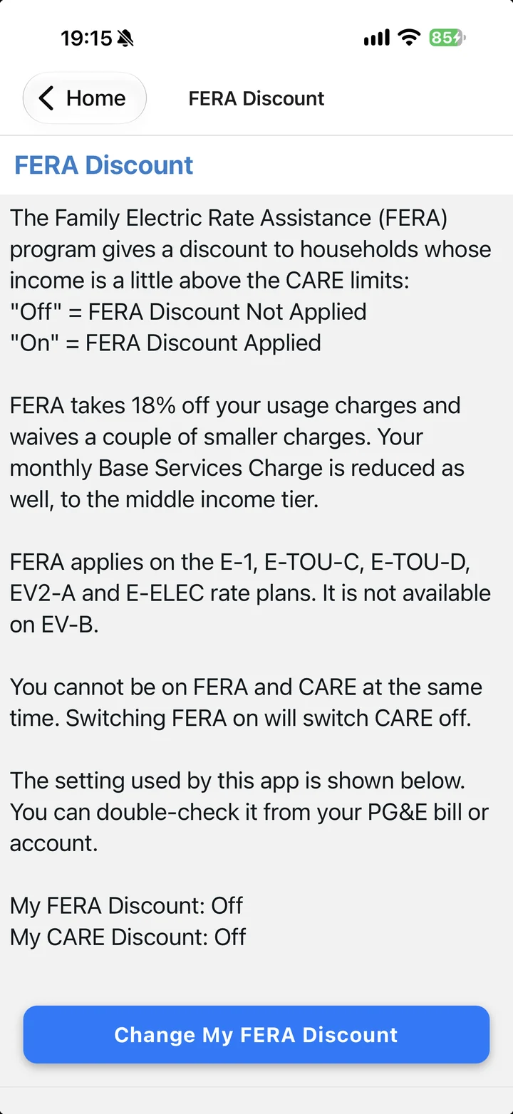 The app's FERA Discount screen: what FERA does, the plans it applies to (E-1, E-TOU-C, E-TOU-D, EV2-A and E-ELEC, not EV-B), a note that FERA and CARE can't both be on, the current setting (Off) and a Change My FERA Discount button.