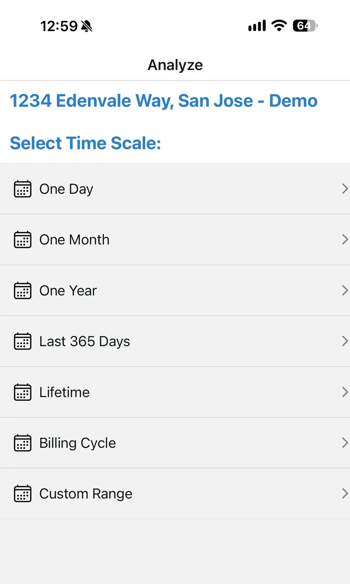 The app's time-scale menu: one day, one month, one year, last 365 days, lifetime, billing cycle, custom range.