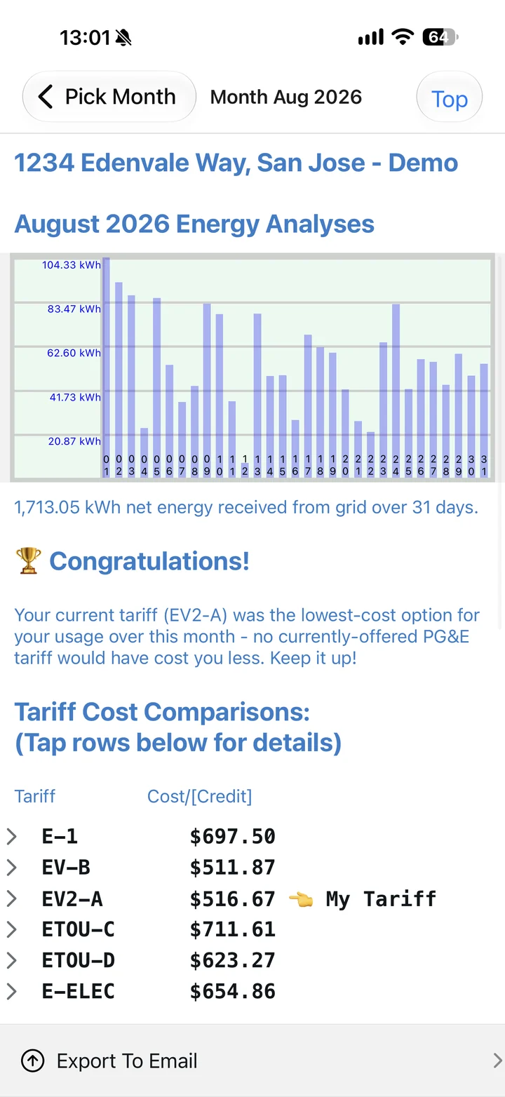 PG&E Toolkit - Pro on a phone: an energy analysis chart and a table of what each PG&E rate plan would have cost.