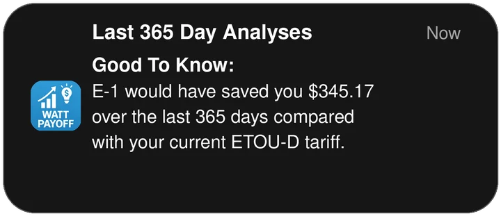 Illustrative example of a notification: another rate plan would have cost less over the last 365 days.