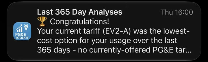 A notification from the app: your current plan was the lowest-cost option for your usage over the last 365 days.
