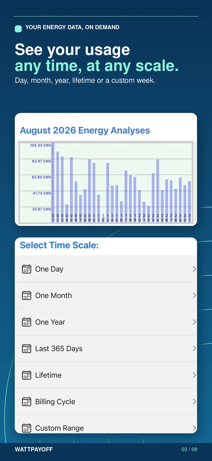 Store screen: usage charts with a menu to choose day, month, year, last 365 days, lifetime, billing cycle or custom range.
