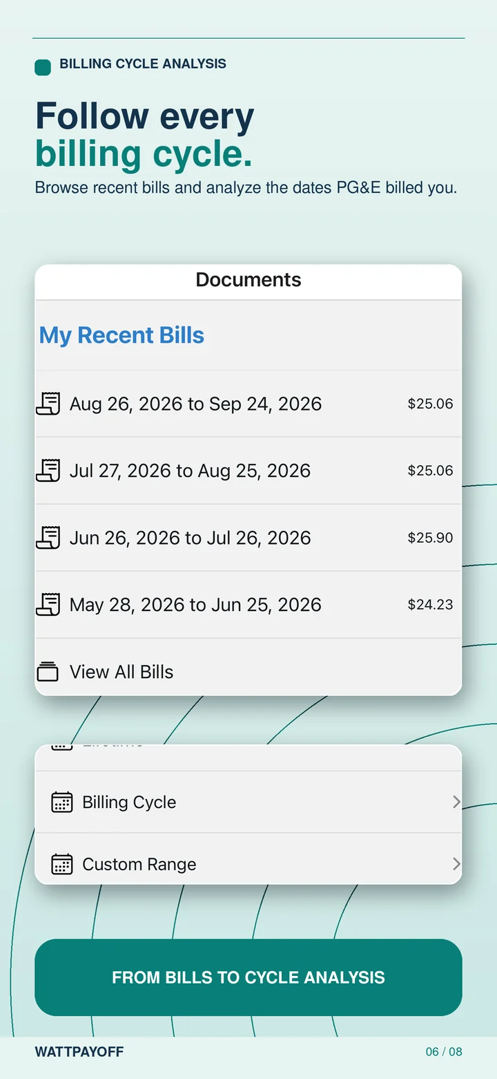 Store screen: a list of recent bills with the option to analyze a billing cycle.